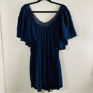 Indah Deep Blue Crochet V-Neck Flutter Sleeve Oversized Tunic Mini Dress | Small
